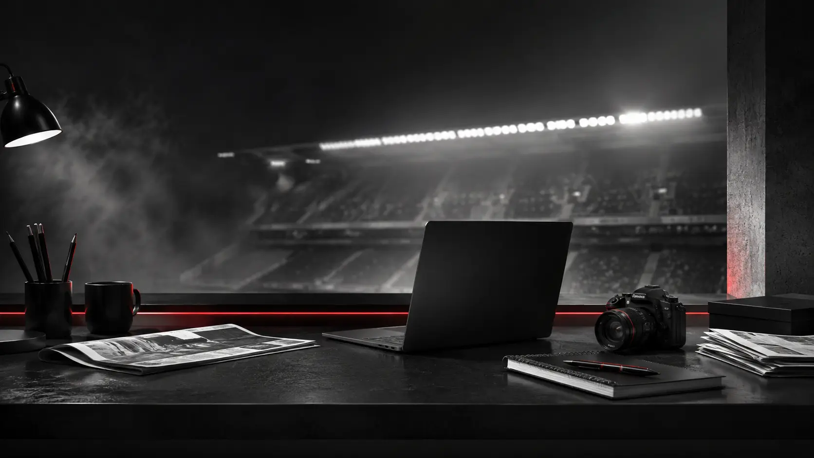 Mesa de redação esportiva com estádio ao fundo — Corinthians Online