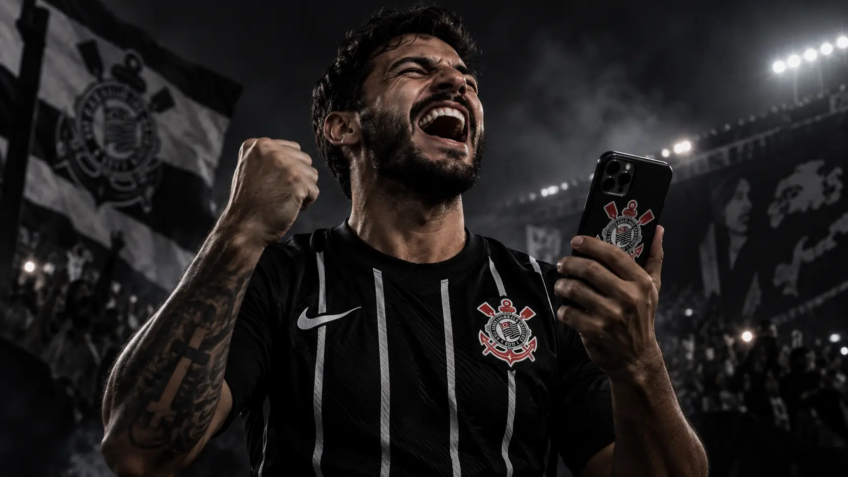 Torcedor do Corinthians celebra enquanto segura um celular com capinha do clube, em ambiente de estádio escuro e dramático, representando apostas no Corinthians em 2026.