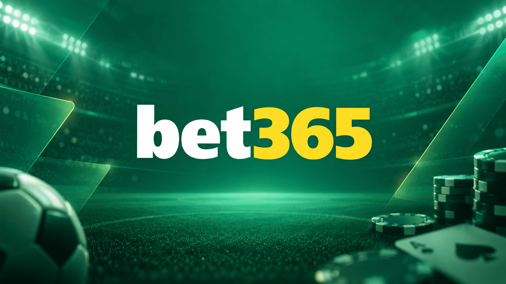 Logo da bet365 centralizado em cenário verde com estádio de futebol, bola e elementos de cassino ao fundo.