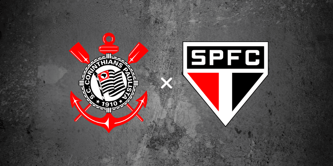 Logotipos de Corinthians e São Paulo centralizados sobre um fundo cinza texturizado, separados por um "x" branco, representando o clássico Corinthians x São Paulo (10/05). À esquerda, o escudo do Corinthians com âncora e remos vermelhos; à direita, o escudo triangular do São Paulo FC em preto, branco e vermelho.