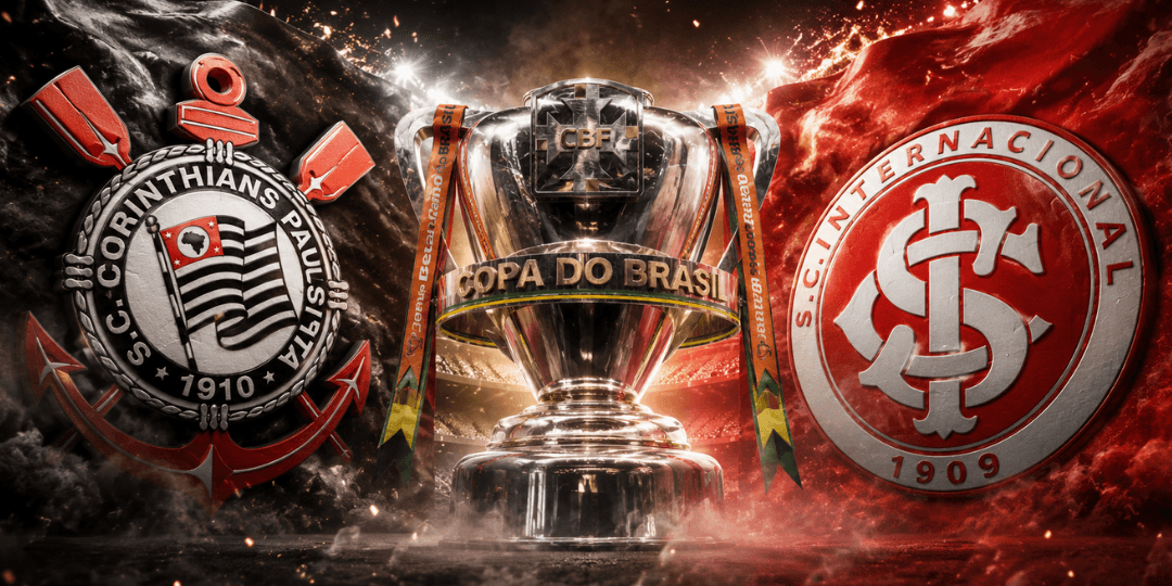 Imagem em formato panorâmico ideal para capa mostrando os detalhes do jogo do Corinthians adversário oitavas da Copa do Brasil contra o Internacional.