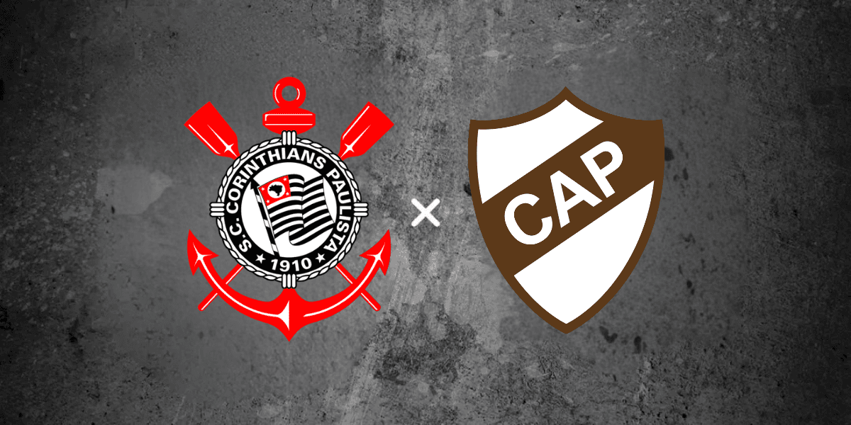 Banner digital de divulgação para a partida Corinthians x Platense (27/05/2026). A arte apresenta um fundo texturizado em tons de cinza escuro, simulando uma parede de cimento. No centro, o clássico escudo alvinegro com detalhes vermelhos do Corinthians é posicionado lado a lado com o escudo marrom e branco do Platense da Argentina, indicando o embate entre as equipes com uma letra "x" minimalista entre os emblemas.