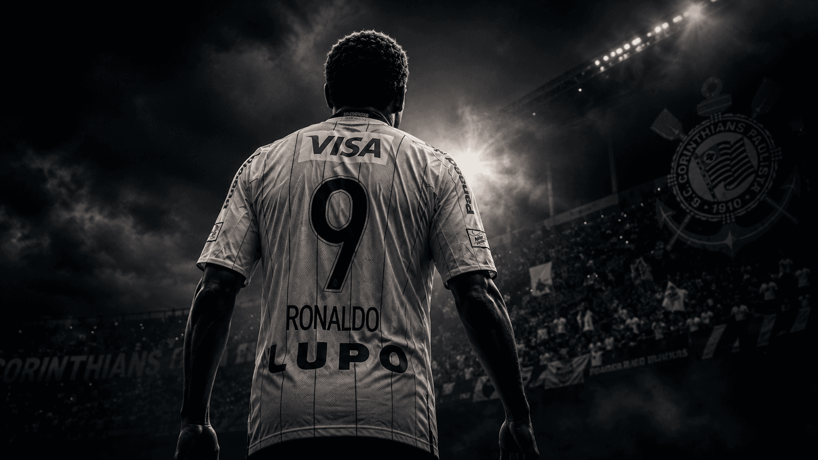 Close-up dramático de jogador de futebol visto de costas, vestindo camisa branca do Corinthians com listras pretas finas, número 9 e nome Ronaldo em destaque, sob luz intensa de estádio.