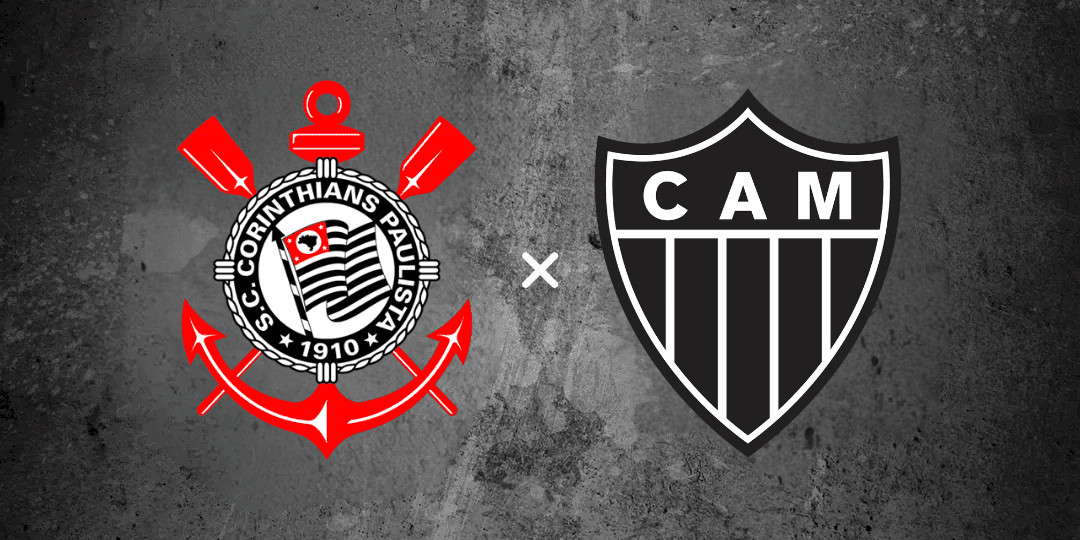 Imagem horizontal com fundo cinza escuro de textura de concreto áspero. Do lado esquerdo, está o escudo oficial do Corinthians, composto por uma boia circular vermelha, dois remos cruzados e uma âncora que contornam o círculo preto e branco com a bandeira de São Paulo. No centro, há um símbolo de multiplicação X na cor branca. Do lado direito, aparece o escudo do Atlético-MG em formato de coração estilizado preto e branco com as iniciais CAM. A arte promove o jogo Corinthians x Atlético-MG (24/0