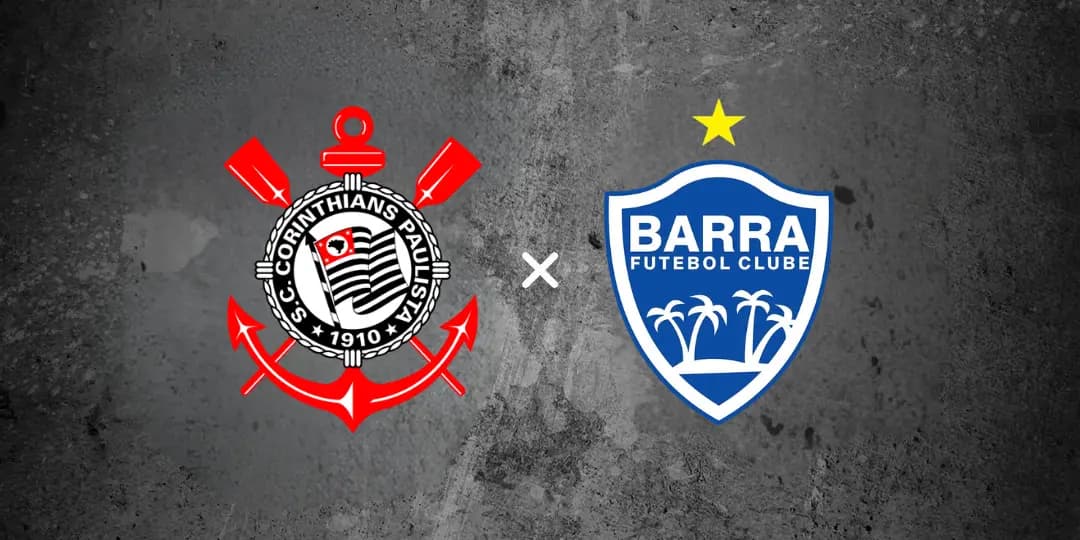 Banner do confronto Corinthians x Barra (14/05/2026). À esquerda, o escudo do Sport Club Corinthians Paulista e, à direita, o escudo do Barra Futebol Clube. Ambos os símbolos estão centralizados sobre um fundo de concreto cinza texturizado, separados por um "X" branco.