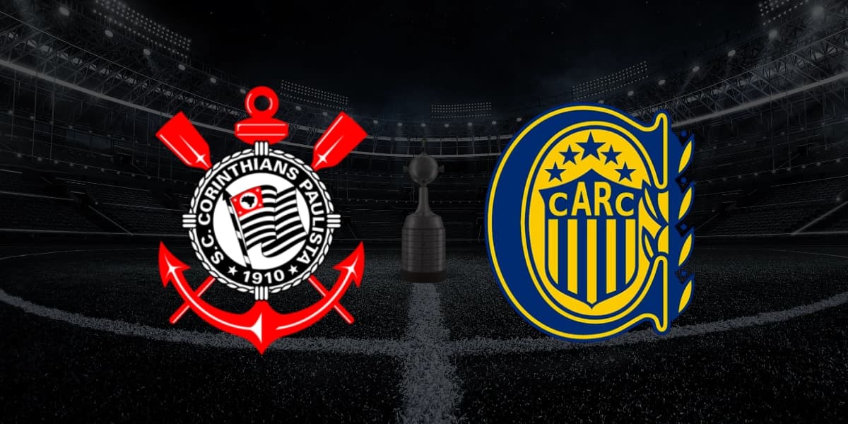 Arte gráfica sobre o duelo Corinthians x Rosario Central nas oitavas de final da Libertadores 2026. O escudo do Corinthians está à esquerda e o do Rosario Central à direita, com a taça da Libertadores centralizada ao fundo sobre o gramado de um estádio de futebol à noite.