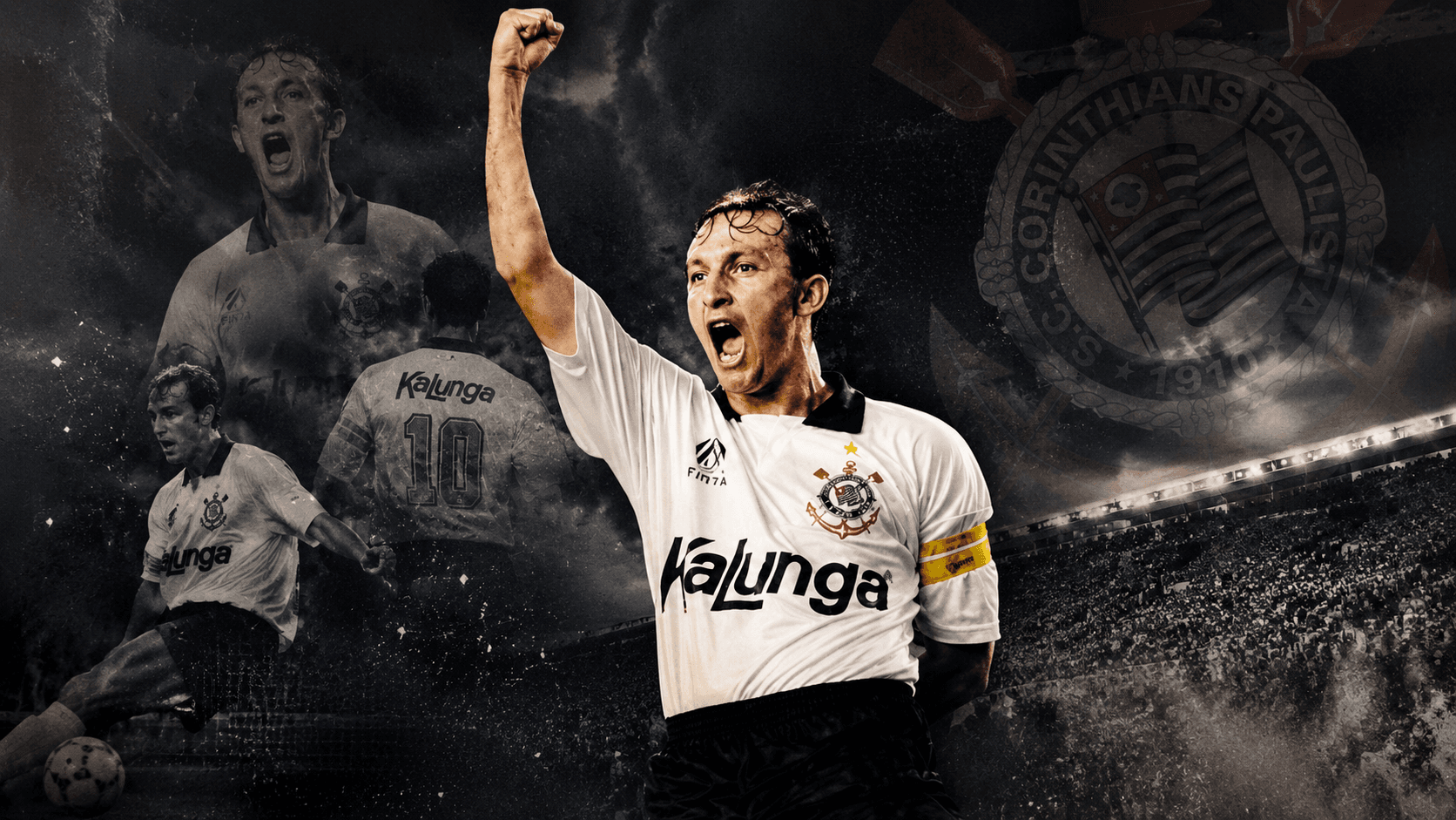 Craque Neto celebra com punho erguido, vestindo a camisa do Corinthians durante partida nos anos 90.