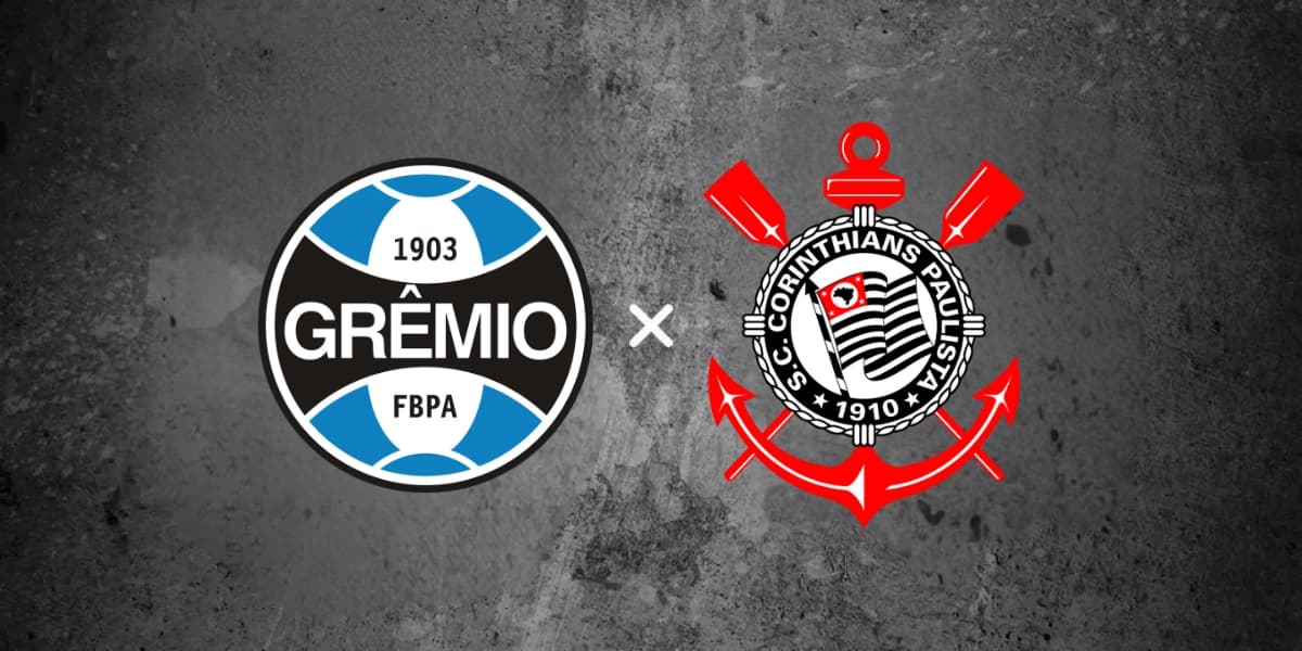 Banner digital de divulgação para a partida Grêmio x Corinthians (30/05/2026). A arte apresenta um fundo texturizado em tons de cinza escuro, simulando uma parede de cimento. No centro e posicionados lado a lado, estão o escudo preto, azul e branco do Grêmio e o clássico escudo alvinegro com detalhes vermelhos do Corinthians, indicando o embate entre as equipes com uma letra "x" minimalista entre os emblemas.