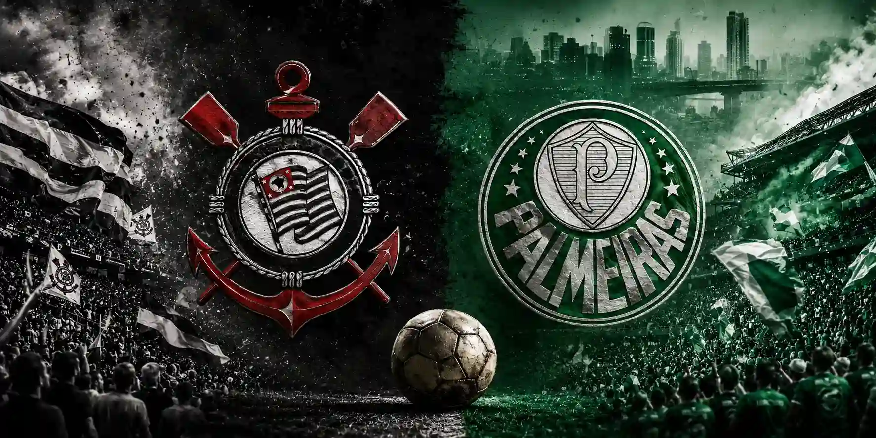 Arte digital retrata a rivalidade entre Corinthians e Palmeiras com escudos gigantes dos clubes, torcedores nas arquibancadas, bandeiras agitadas e atmosfera intensa de clássico paulista.
