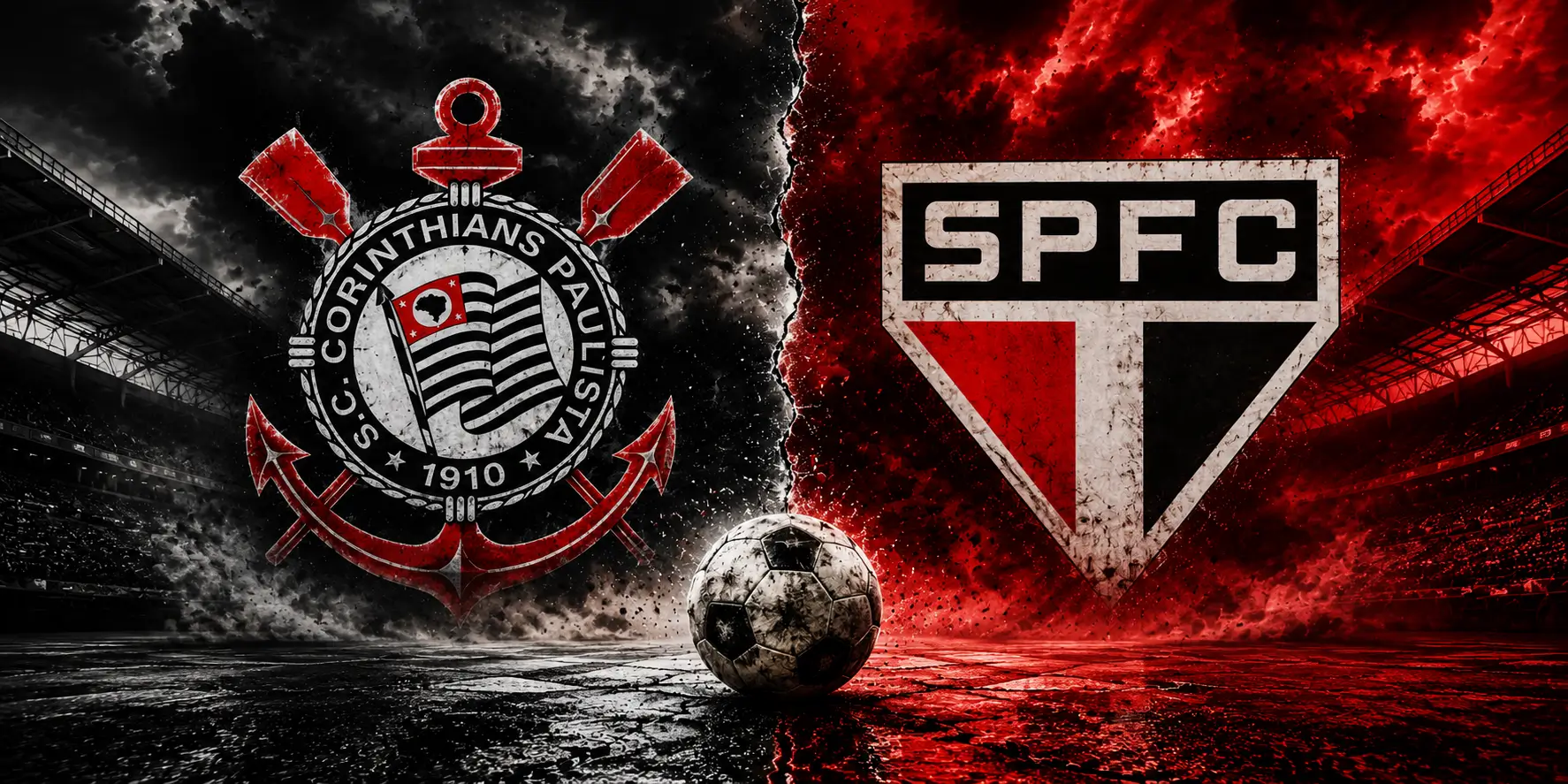 Arte esportiva representando a história de Corinthians e São Paulo com os símbolos oficiais dos dois times em um cenário de rivalidade intensa, dividido entre tons escuros e vermelhos.