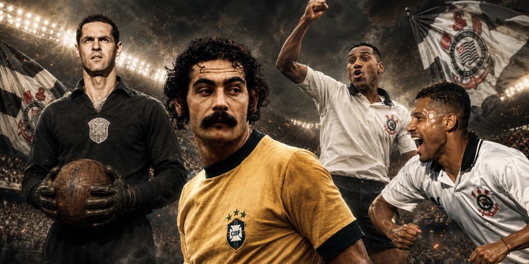 Gylmar, Rivellino, Viola e Vampeta representados em montagem dramática sobre ídolos do Corinthians em Copas do Mundo, com estádio lotado e bandeiras alvinegras ao fundo.