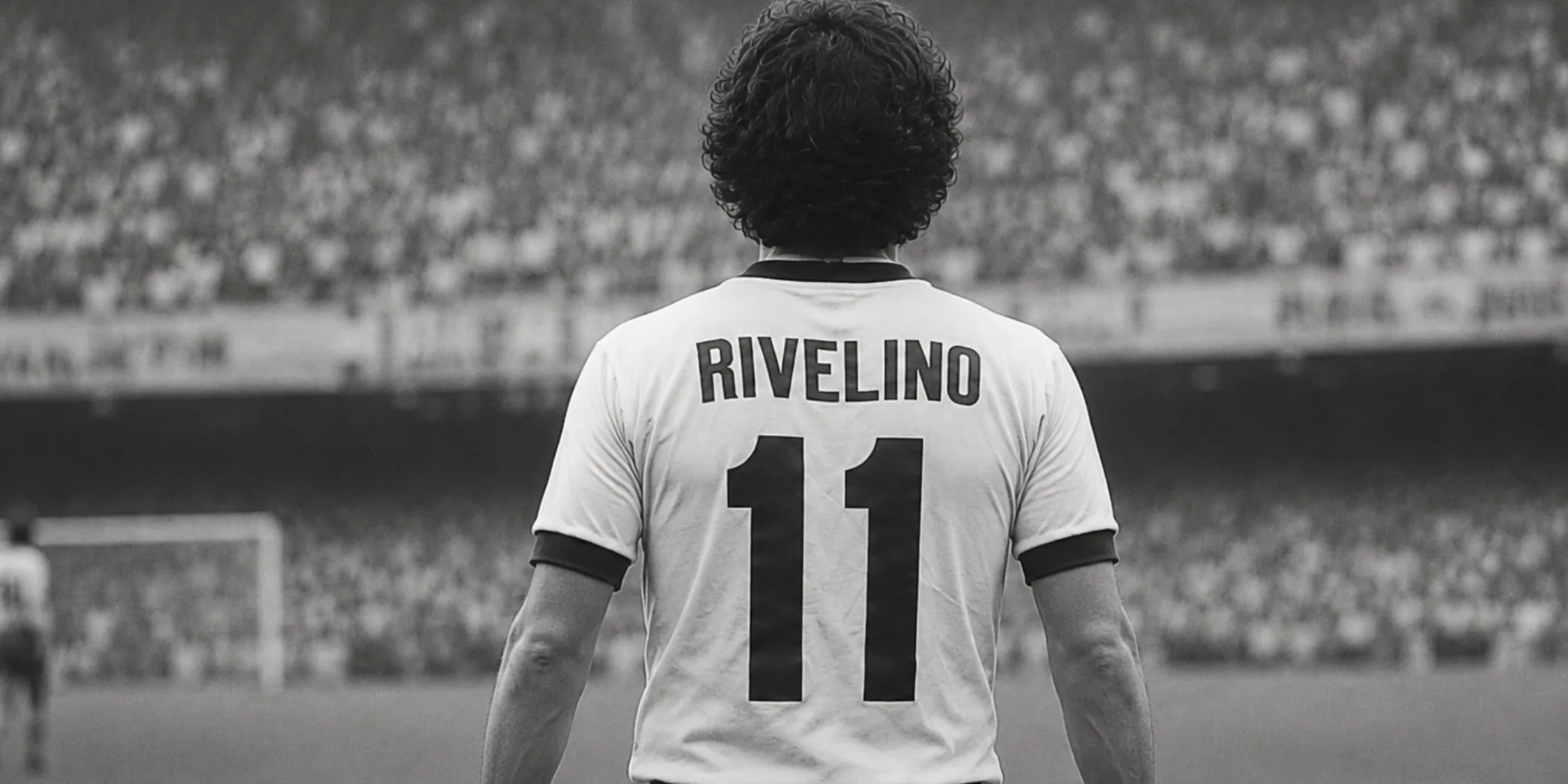 Jogador do Corinthians com melhor desempenho em Copa do Mundo, Roberto Rivellino aparece de costas em campo com a camisa 11 da Seleção Brasileira em imagem histórica em preto e branco.