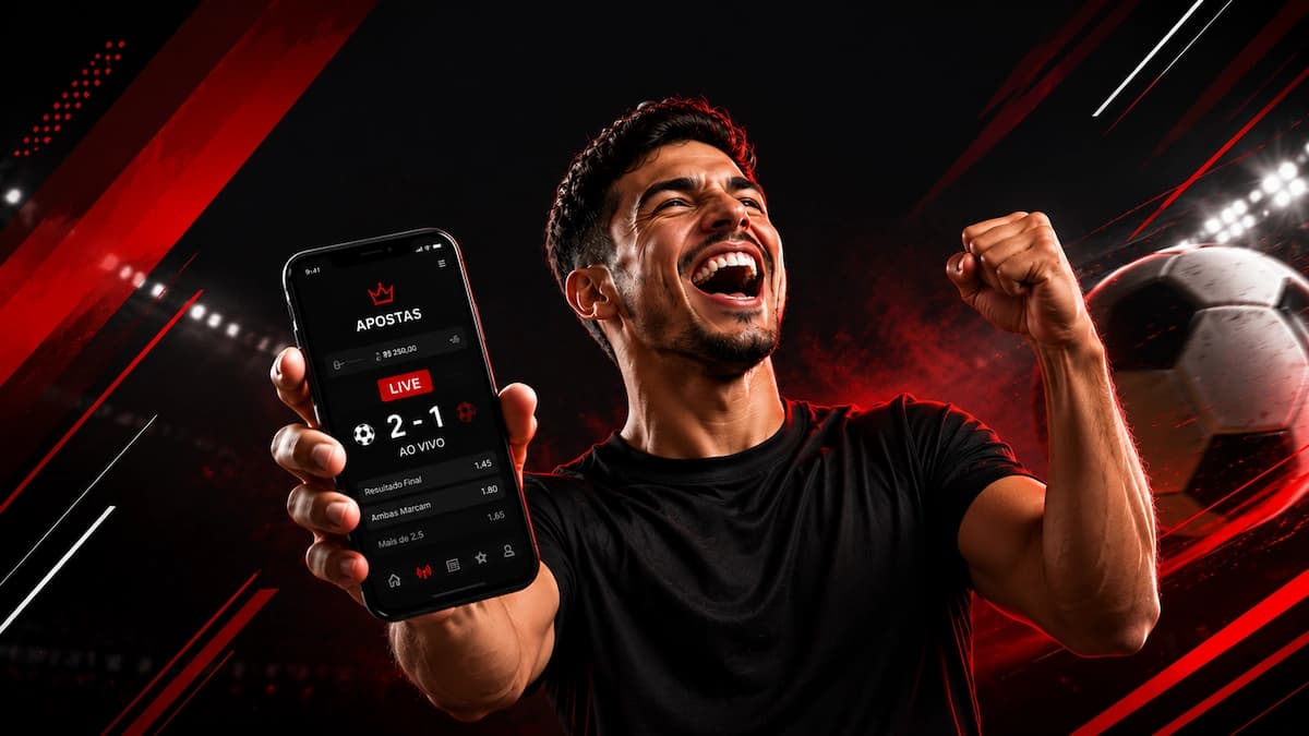 Homem comemorando enquanto segura um smartphone com aplicativo de apostas esportivas aberto em um estádio iluminado com fundo vermelho e preto. A imagem ilustra o tema Melhores casas de apostas do Brasil com clima esportivo, elementos gráficos modernos e placar ao vivo na tela do celular.