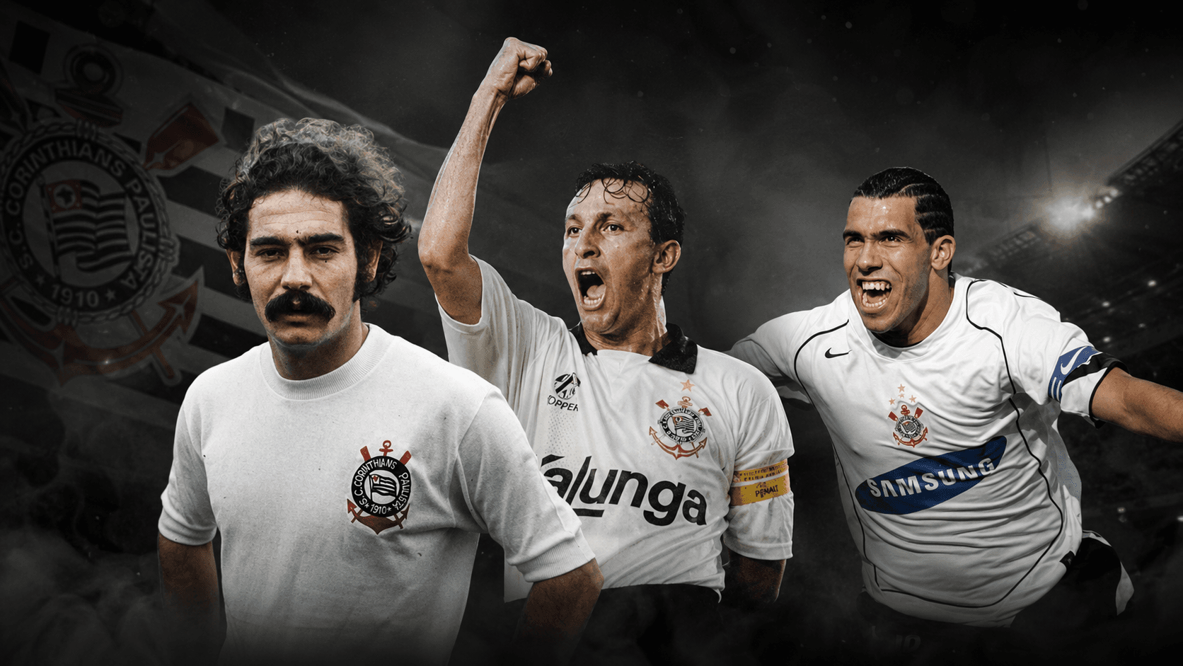 Montagem editorial em formato horizontal mostrando Rivellino, Craque Neto e Carlos Tévez com a camisa do Corinthians, em um estádio com iluminação dramática, representando alguns dos maiores camisas 10 da história do Corinthians.