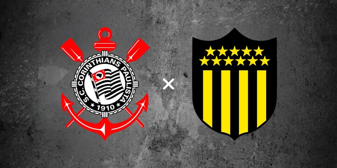 Arte gráfica para Palpites Corinthians x Peñarol (30/04/2026) com fundo de textura de concreto cinza escuro. À esquerda, o escudo oficial do Corinthians e, à direita, o escudo do Peñarol, separados por um sinal de "X" branco ao centro, simbolizando o confronto entre as equipes.