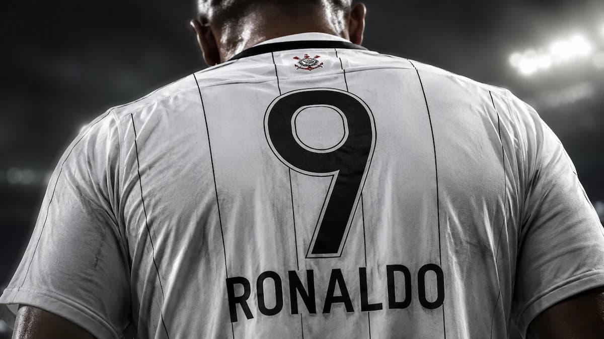 Close-up dramático de jogador de futebol visto de costas, vestindo camisa branca do Corinthians com listras pretas finas, número 9 e nome Ronaldo em destaque, sob luz intensa de estádio.