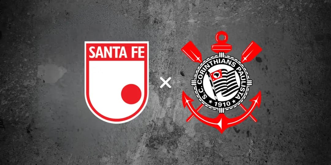 Escudos das equipes que se enfrentam no duelo Santa Fe x Corinthians (06/05) posicionados lado a lado em uma montagem gráfica com textura rústica de fundo.